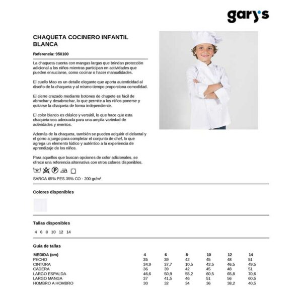 Ficha técnica con tabla de medidas de chaqueta de cocina infantil en color blanco 9501