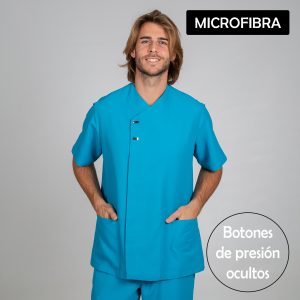 Pijama sanitario casaca sanitaria manga corta microfibra hombre botones plata color turquesa frontal