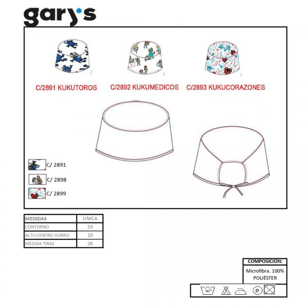 Ficha técnica de gorro sanitario con tiras de ajuste 4456. Colaboración de Gary's con Kukuxumusu.
