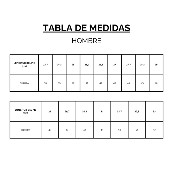 Tabla de medidas de hombre calzados Fleximax