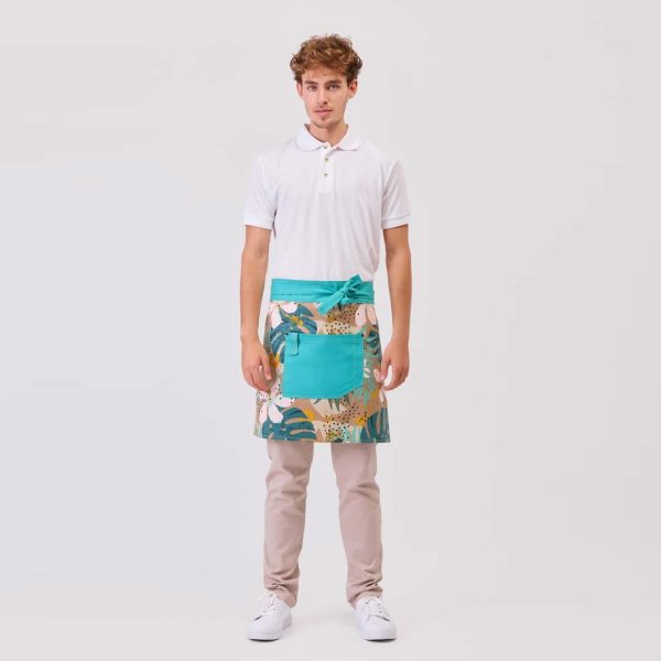 Delantal corto estampado tropical turquesa M757 frontal