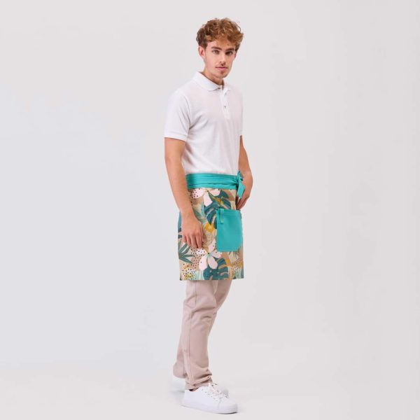Delantal corto estampado tropical turquesa M757 lateral